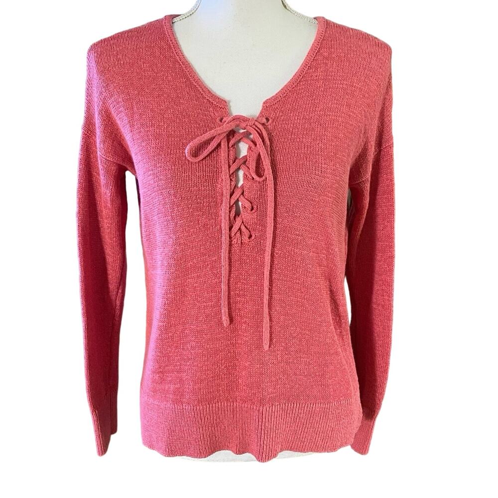 🌻 2/$20 Ann Taylor LOFT XS Lace Up Front Sweater Rose Dusty Pink Linen Blend